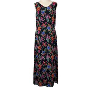 Coldwater Creek Black Floral Silk Sleeveless Lined Maxi Dress Size 8